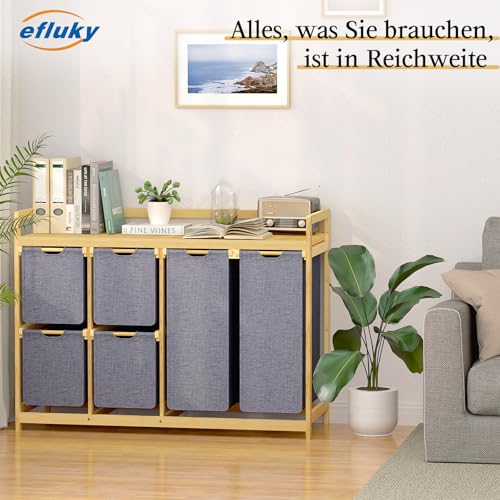 efluky 200L Wäschekorb 6 Fächer, Große Wäschesammler mit Korb Wäschesortierer mit 2 Wäschesäcken und 4 Stoffboxen, Laundry Basket Wäschebox Bambus Wäscheregal für Badezimmer, Schlafzimmer, Grau
