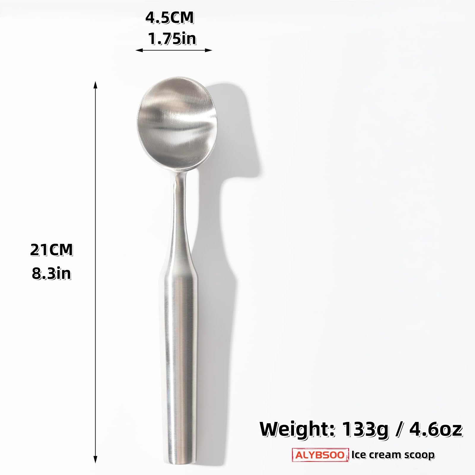 Łyżka do lodów ze stali nierdzewnej, nadaje się do mycia w zmywarce, wytrzymała łyżka do porcjowania, jednoczęściowa wersja do kulek lodowych, ergonomiczny uchwyt (1, miarka do lodów, srebrna)