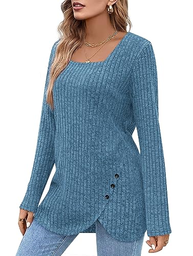BZB Women's Sweaters Fall 2024 Lightweight Long Sleeve Square Neck Tunic Tops2