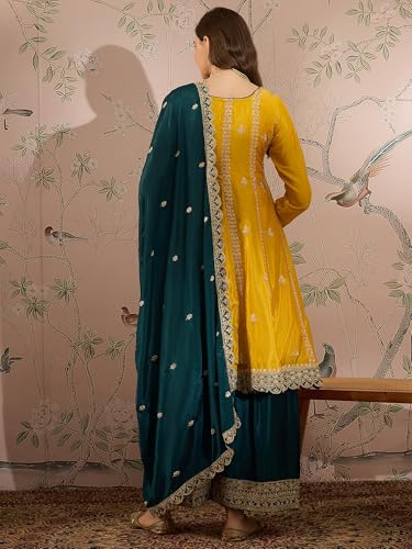 Image of Miss Ethnik Women's Yellow Chinon Stitched Top With Stitched Chinon Bottom and Chinon Dupatta Full Sleeve Embroidered Anarkali Kurta