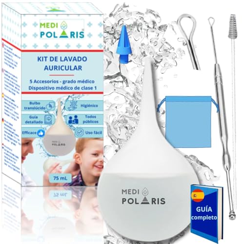 MEDIPOLARIS | Kit pera enema de oreja 75 ml translúcido, 5 accesorios para la irrigación de oídos eficaz higiénico, limpiador de oído