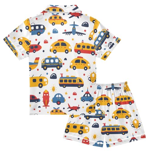 Satin Pajama Sets Short Sleeve Transportation Vehicles on Colorful Button Down Silky Nightwear 2 Piece PJS 5-14Y2