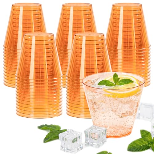 Brolifon 50 Pack Plastic Cups 9oz Transparent Orange Plastic Cups Fancy Disposable Cocktail Cup Stemless Wine Glasses for Party Wedding Thanksgiving Christmas Graduation