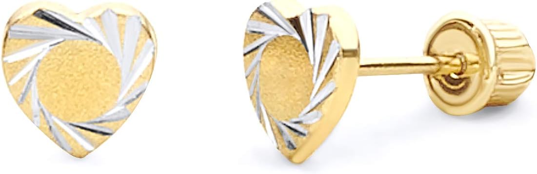 14k Two Tone Gold Heart Diamond Cut Stud Earrings with Screw Back