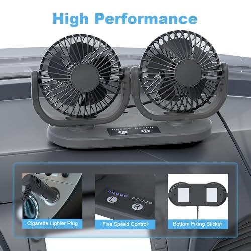 12V DC Instrument Panel Cigarette Lighter Fan, Low Noise Dual Head Air Circulation, Five Speed Regulation, 360 Degree Rotation, Truck, Van, SUV, RV