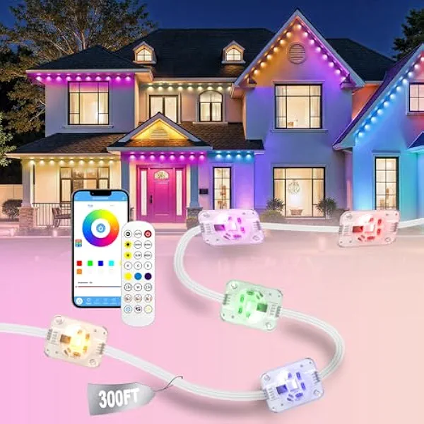Permanent Outdoor Lights for House, 300ft RGB+IC Smart LED Eaves Lights, IP67 Waterproof Outdoor Lighting with App/Remote Control for Halloween, Christmas, Holiday, Daily, Party