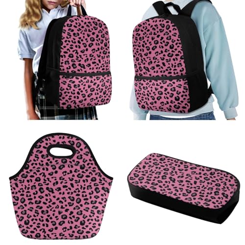 Kids Teens Backpack Set – 17in Schoolbag with Lunch Tote & Pencil Pouch, Lightweight Comfortable Straps With Side Bottle Pocket for Elementary to College, Leopard Pink Spot Print2
