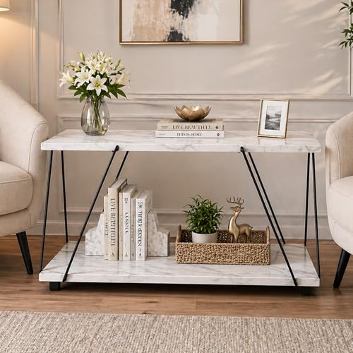 Image of JD FRESH Wooden Shelf Rack with Elegant Wooden Top /Shelving Unit & Organizer /Modern Centre Table with Sturdy Support & Spacious Storage Shelf for Living Room, Drawing Room & Balcony (White, Marble)