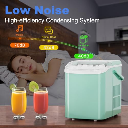 Image of NEWBULIG Ice Makers Countertop with Handle, Portable Ice Machine, 9 Bullet Ice Cubes in 6 Mins, 26lbs in 24Hrs, Auto-Cleaning, with Basket and Scoop, for Home, Kitchen, RV, Camping, Green