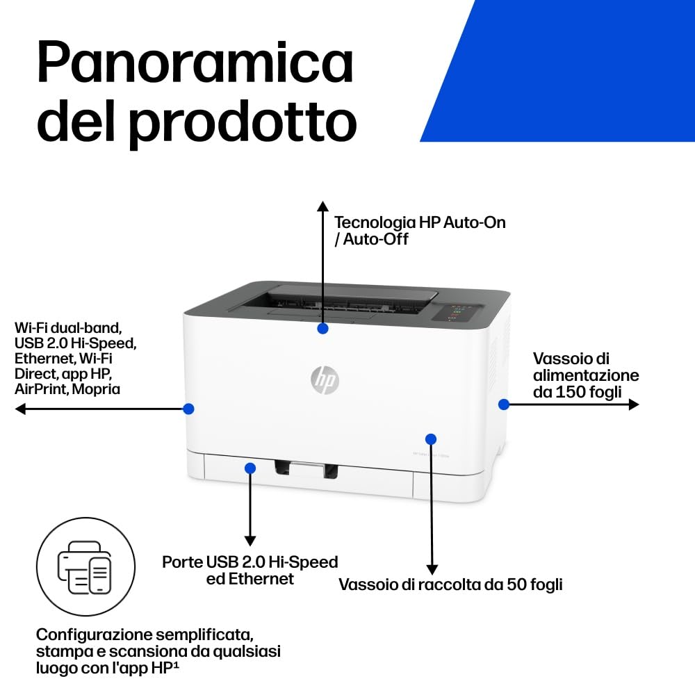 HP Color LaserJet 150nw Stampante A4 a Colori, Stampa Manuale Fronte/Retro, 18 ppm, USB, Wi-Fi, Ethernet, LCD