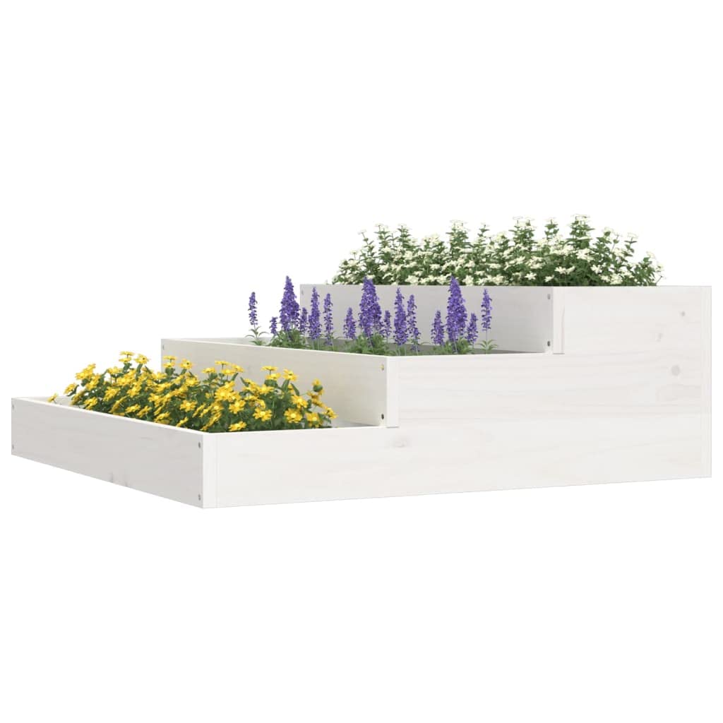 Donica biala 78x78x27 cm lite drewno sosnowe schodkowa skrzynia na kwiaty i rosliny do ogrodu tarasu balkonu dekoracyjna stabilna
