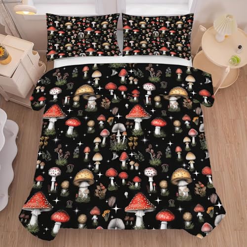 Mushroom Comforter Set Twin Size Black Burgundy Plant Bedding for Kids Girls Boys Bedroom Decor Vintage Woodland Quilt Bed Sets, 1 Comforter 1 Pillowcase Mushroom 11 Twin