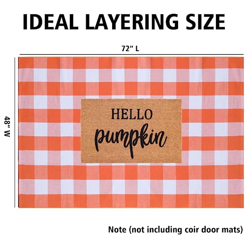 标题:Fall Plaid Area Rug 4x6 Ft, Orange and White Buffalo Check Large Farmhouse Cotton Rug, Hand-Woven Washable Indoor Outdoor Carpet for Halloween Thanksgiving Autumn Porch Patio Decor