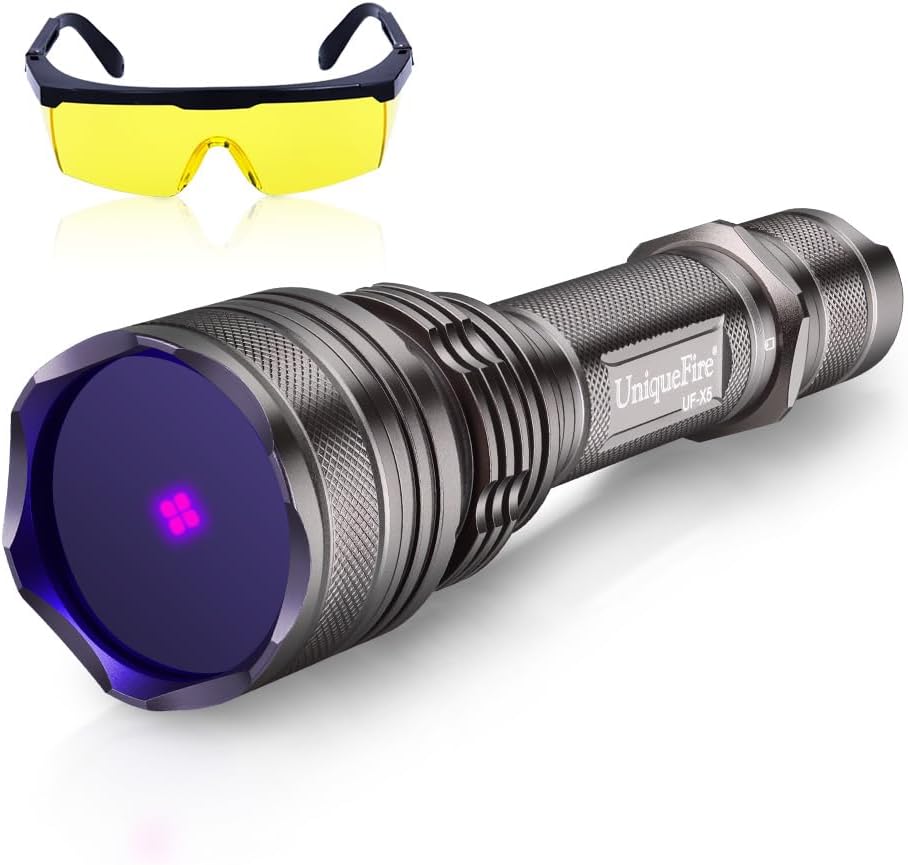 UniqueFire X5 365nm Black Light, IPX8 Waterproof Uv LED Light, 10W Powerful Blacklight Flashlight for Pet Urine Finding & Mineral, Antique Detection, etc