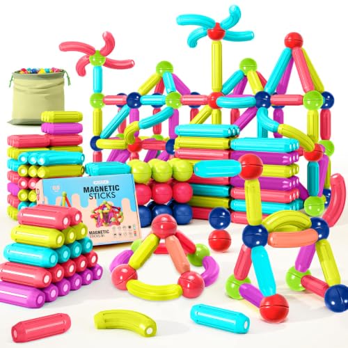 JUQG 88 Pcs Palos de Bloques de Construcción Magnéticos con Bolsa de Almacenamiento de PE, 3D Bloques de Construcciones Magnéticas, Juguetes Educativos Adecuado para Niños de 3 4 5 6 7 8 9 Años