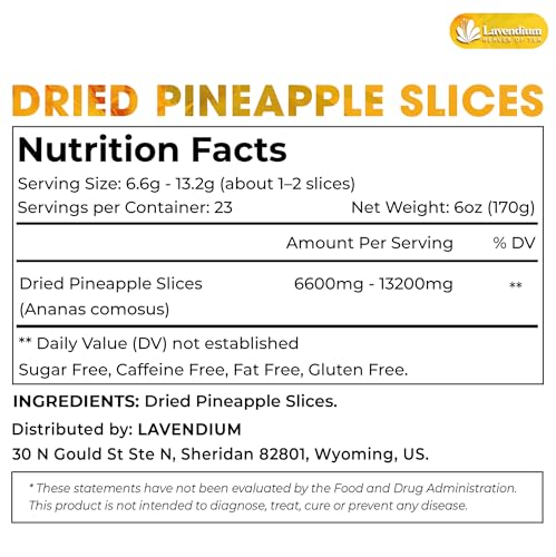 Image of Lavendium, Premium 6oz Dried Pineapple Slices, 100% Natural & Pure Pineapple, No Additives or Preservatives, Non-GMO, Plant-Based & Vegan, Perfect for Snacking, Baking & Smoothies