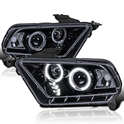 Spec-D Tuning Halo LED Glossy Black Housing Smoke Lens Projector Headlights Compatible with 2010-2014 Ford Mustang, Left + Right Pair Headlamps Assembly