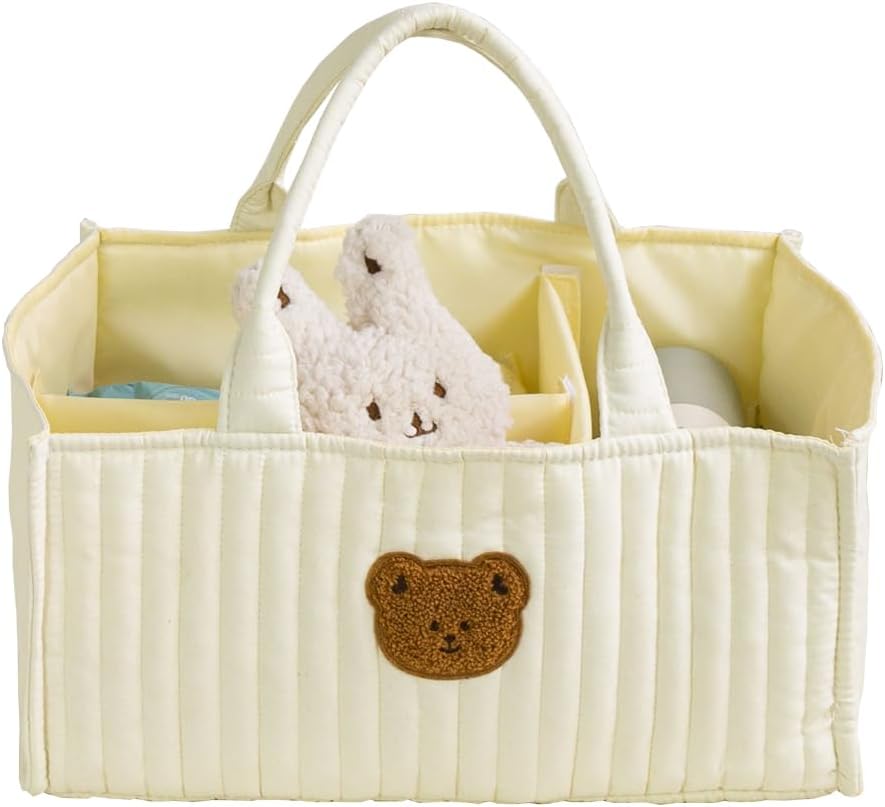 Baby Diaper Caddy Organizer - Cute Bear Water-resistent Nursery Storage Basket for Diapers and Baby Wipes, Diaper Stacker Car Organizer, newborn nursery Gift
