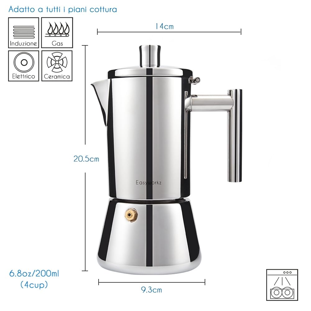 Easyworkz Diego Caffettiera Macchina per Espresso Italiana in Acciaio Inox 4 Tazze,200 ml, per fornello