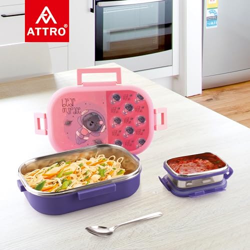 Image of Attro Food Time Deluxe Stainless Steel Lunch Box with 1 Small Container & Eyecatchy Prints Airtight & Spillproof - 750ml+250ml Bear Purple Pink