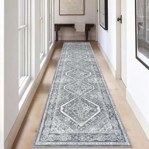 KUTA Oriental Kitchen Runner Rug, 2.6x10 Vintage Grey Washable Hallway Rugs Non-Slip Ultra Soft Printed Distressed Tribal Farmhouse Carpet for Bedroom Living Room Nursery Playroom