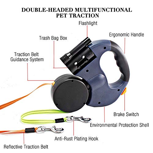 YOUTHINK Guinzaglio Retrattile Doppio per Cani, Allungabile Rotazione 360° Senza Grovigli, Adatto a Cani di Taglia Media e Piccola, .50 lbs