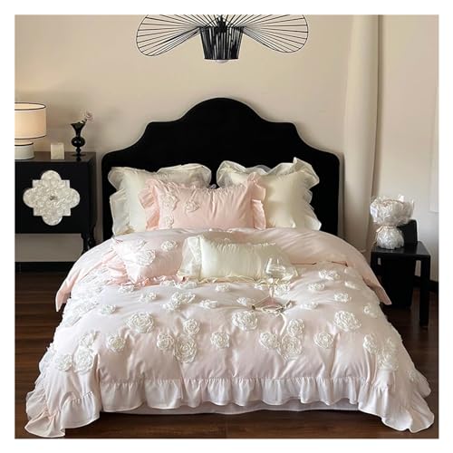 GUHPZA Juego De Sábanas con Encaje Romántico Y Flores De Rosas, Juego De Cama De Algodón De Lujo, Funda Nórdica De Princesa para Boda, Sábanas, Fundas De Almohada, Tex,Pink-King Size 4pcs