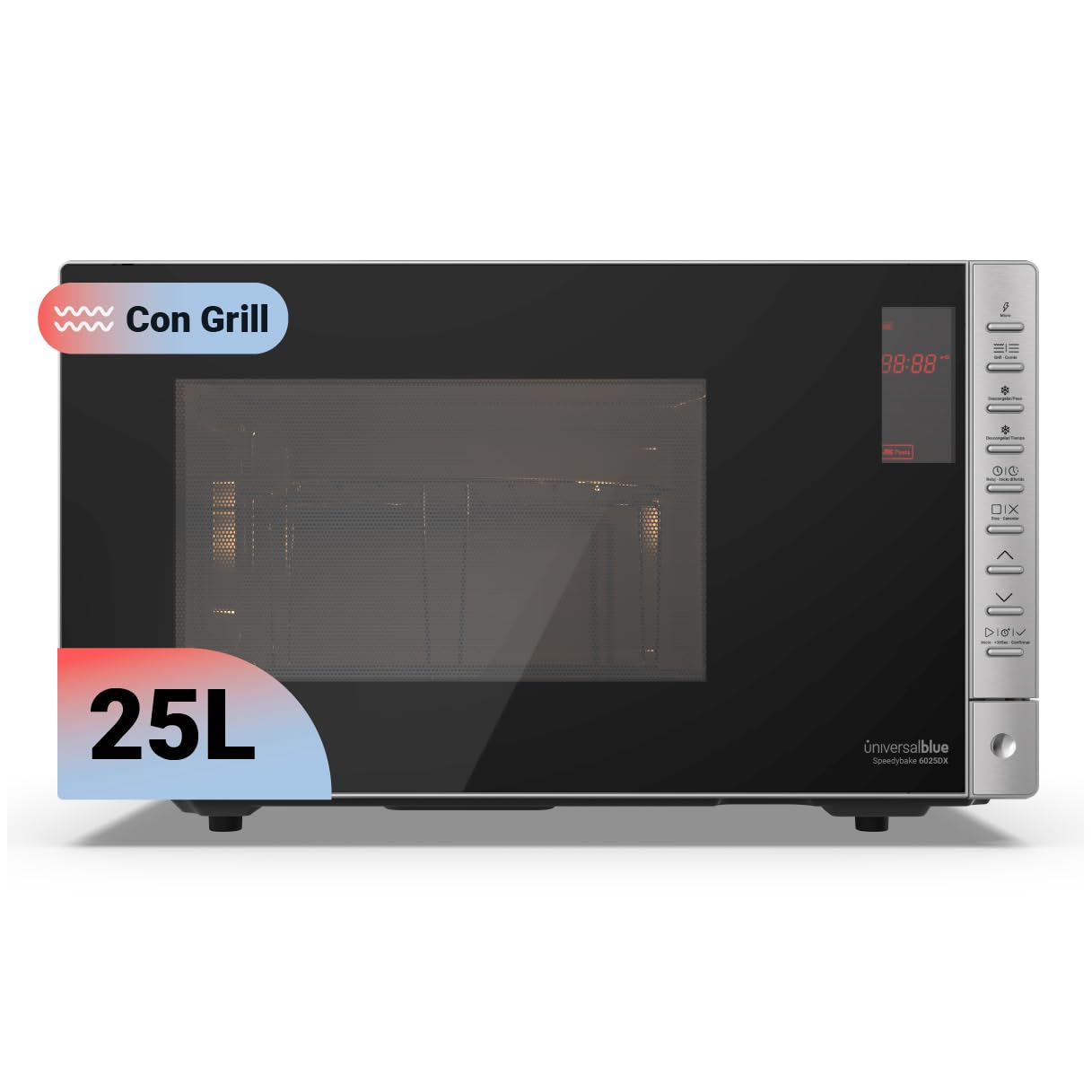 UNIVERSALBLUE Microondas 25 Litros Cristal Negro con Grill | 900W y 5 Niveles Funcionamiento | Temporizador | Bloqueo Infantil | Panel Digital y Control Electrónico