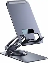 Suporte de Mesa para Celular com Base Giratória 360° em Alumínio Premium Resistente com Pedestal Ajustável Dobrável e Retrátil Compatível Tablet Smartphone (Cinza Metálico)