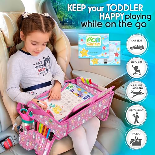 Image of Kids Travel Tray - Waterproof Lap Table with No-Drop Large Tablet Holder - Car Seat Tray - Road Trip Essentials Kids - Car Desk Organizer for Airplane - Toddler Travel Essentials (UNICORN)