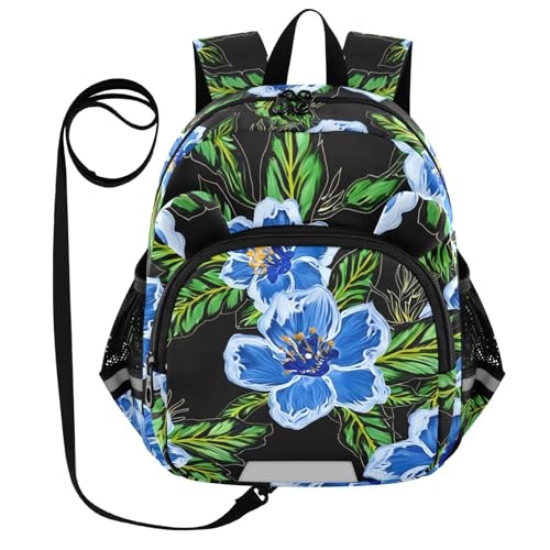 Blue Floral Leaf Toddler Harness Backpack for Boys Girls 3-6 Years Kids Backpack with Anti Lost Safety Leash Baby Harness Bookbag for Preschool Walking Travel