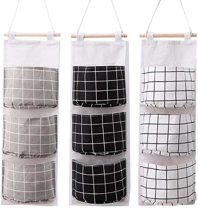 3 Pack Wall Hanging Storage Bag, Squares Over The Door Closet Hanging Organizer with 3 Pockets, Waterproof Linen Fabric Hanging Pocket for Dorm Living Room Home(Black+White+Gray)