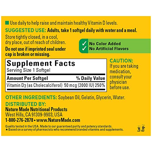 Nature Made 31604026783 Vitamin D3 2000 Iu (50 Mcg), Dietary Supplement thumb #4