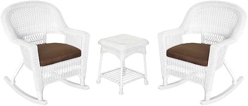Jeco Juego de sillas mecedoras de mimbre de 3 piezas con cojín marrón, blanco