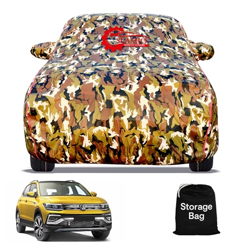 Image of Waterproof Car Body Cover for Volkswagen Taigun with Mirror Pocket, Soft Cotton Lining, Triple Stitched, Full Bottom Elastic (Heat Resistant Jungle Print with Red Piping)