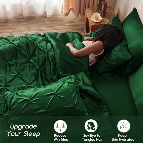 MR&HM Satin Comforter Full 7 Pieces - Luxurious Pinch Pleat Bedding Set with Comforter, Flat Sheet, Fitted Sheet, Pillowcases & Shams, Super Silky Soft Bed Set for All Season (Full, Dark Green)
