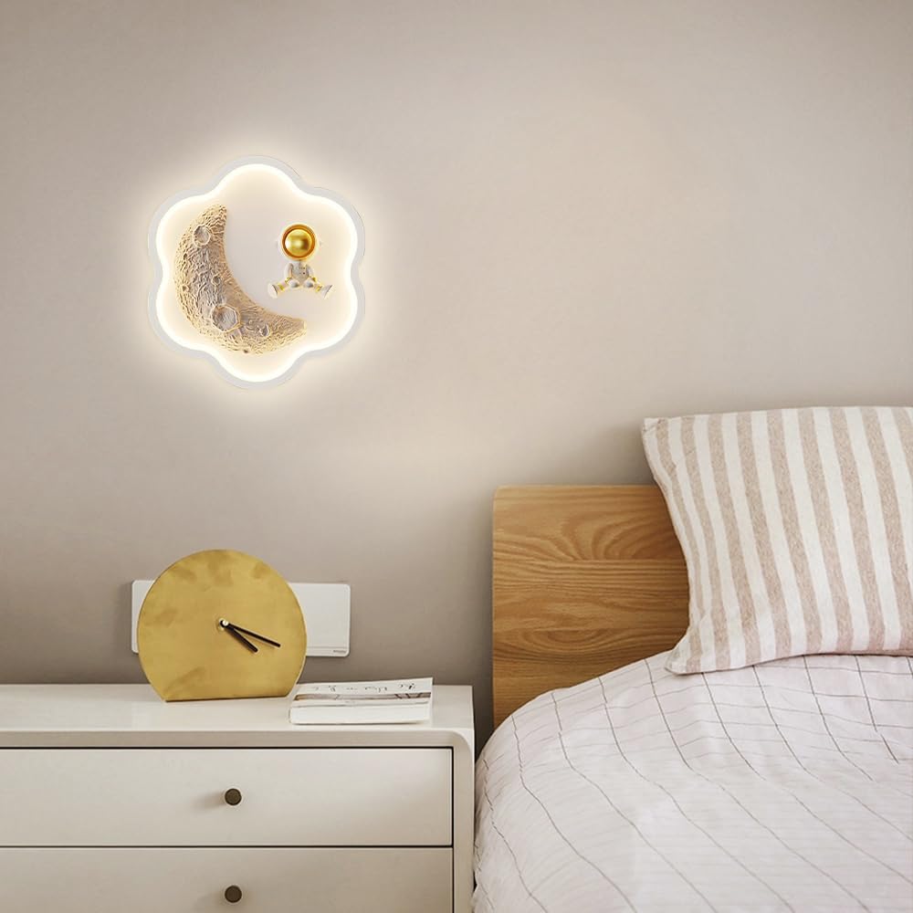 Mjsdjof Kid’s Wall Light with 3 Color Mode (3000K Warm/4000K Natural/6000K Cool), Moon and Astronaut Night Light, LED Wall Sconce for Bedroom Bedside, Nursery - White Modern Decorative Lighting