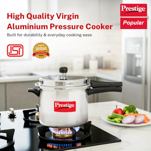 Image of Prestige 5 Litre Aluminium Popular Outerlid Pressure Cooker | Virgin Aluminium| Gas Compatible|Controlled Gasket Release System|5 years warranty|ISI Certified