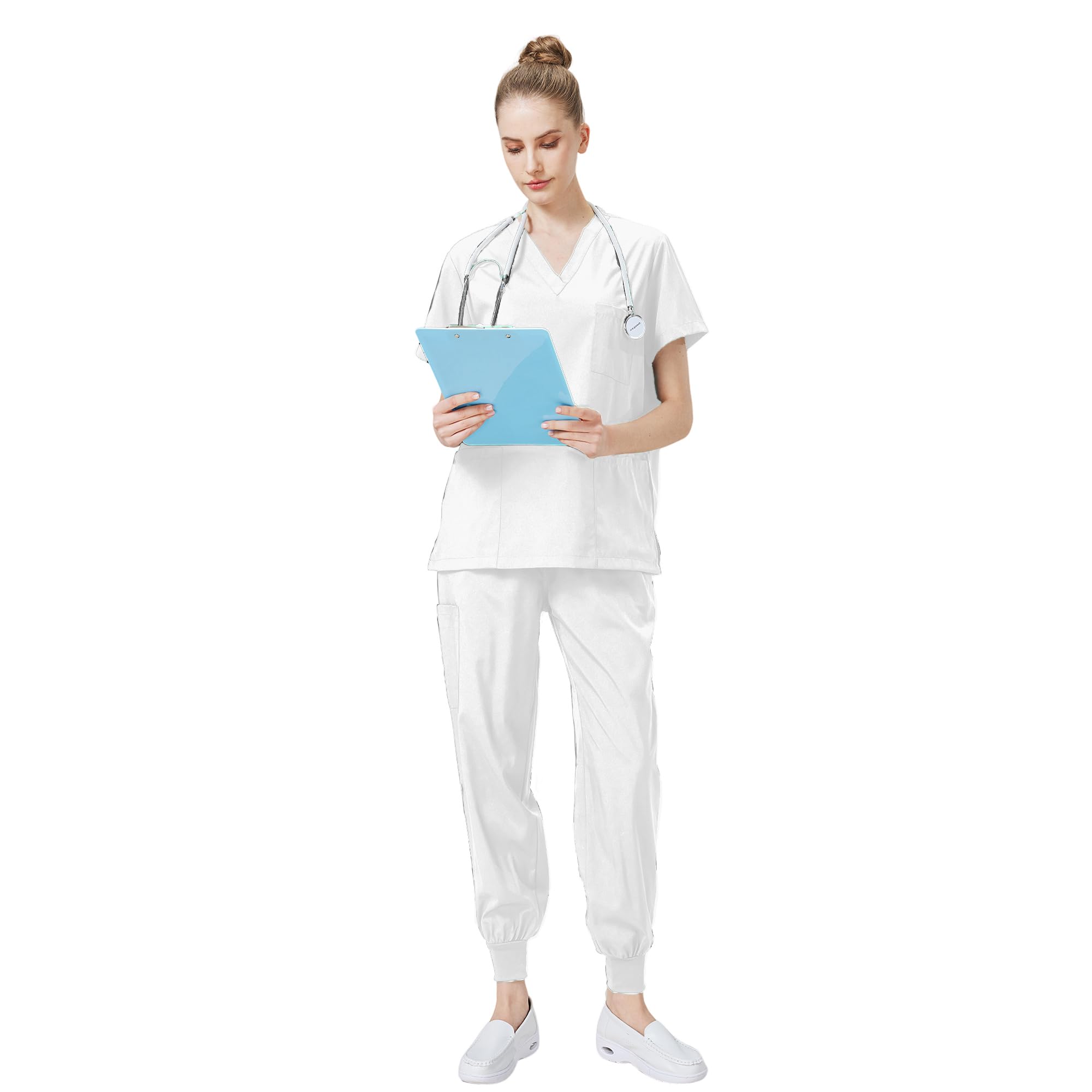 Médico Mono Cuello en V Top Corto con 3 Bolsillos Pantalones Slim Secado Rápido y Tamaños Unisex DK05