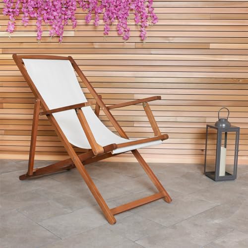 CHARLES BENTLEY Chaise Longue Bois FSC Eucalyptus, Toile crème, 3 Positions d’Inclinaison, Design Traditionnel, pour Jardin ou terrasse, Plaque Bentley...
