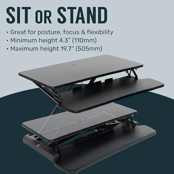 Image of TechOrbits Standing Desk Converter - 42 Inch Adjustable Sit to Stand Up Desk Workstation, MDF Wood, Ergonomic Desk Riser with Keyboard Tray, Desktop Riser for Home Office Computer Laptop, Black 42 inch