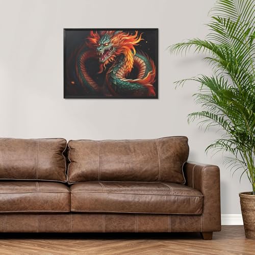 Toile dragon chinois encadrée noire 40x30 cm pour décoration de salon