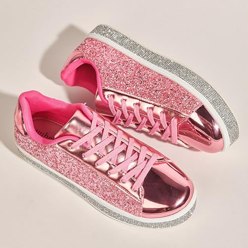 Image of UUBARIS Women's Glitter Tennis Sneakers Neon Dressy Sparkly Sneakers Rhinestone Bling Wedding Bridal Shoes Shiny Sequin Shoes