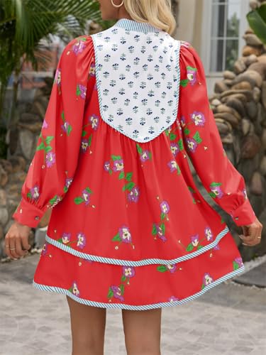 Image of Wenrine Womens Casual Floral Mini Dress Fall Long Sleeve V Neck Patchwork Loose Boho Shirt Dresses