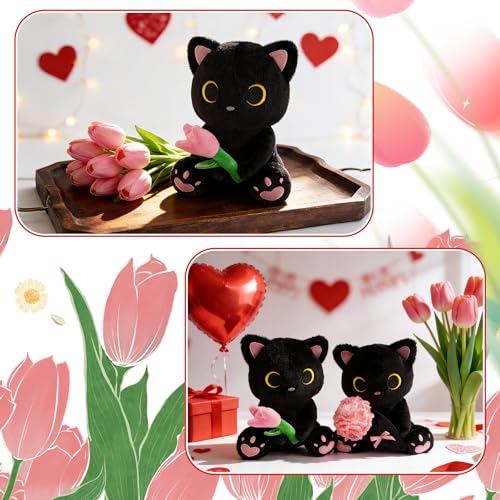Image of Black Cat Plush Holding Pink Tulip - 8 inch Kawaii Stuffed Cat with Flower, Soft Cute Plush Toy for Mom, Cute Stuffed Animals for Girls & Kitten Lovers