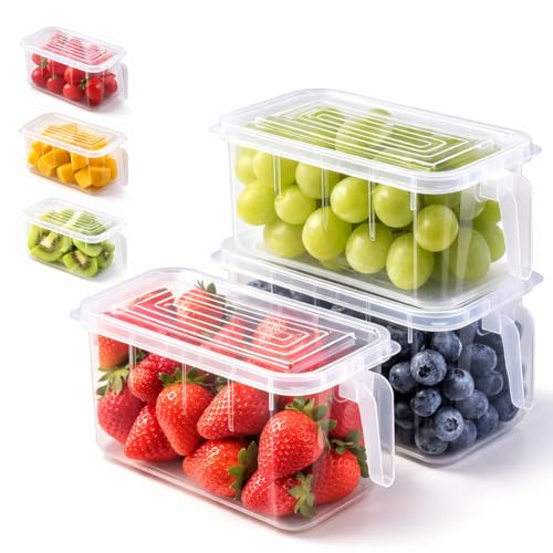 SKY-TOUCH 3PCS Food Storage Container with Lids Stackable Refrigerator Organizer Bins BPA-Free for Fruits Vegetables Freezer Safe Boxes Transparent 30 * 14 * 14cm