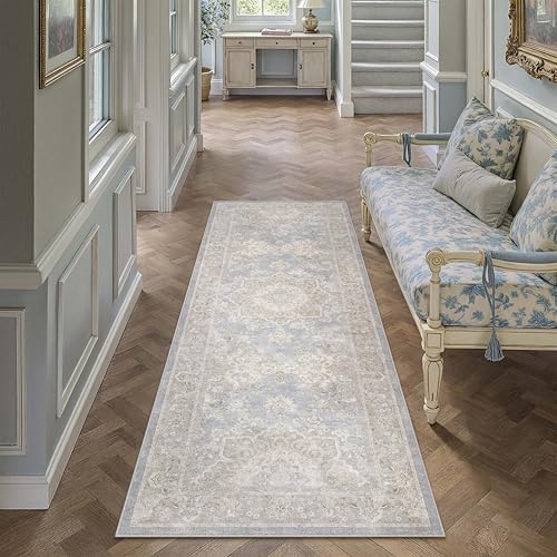 Blue Runner Rug 2x6 Hallway Washable Vintage Carpet for Kitchen Non Slip Soft Low Pile Indoor Retro Oriental Medallion Accent Throw Long Rug Rug for Bathroom Laundry Dining Room 2' x 6' (Run