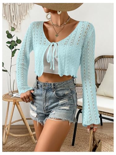 Image of Verdusa Women's Tie Front Crop Cardigan Bell Long Sleeve Scalloped Lightweight Knit Tops Summer Beach Cover Up