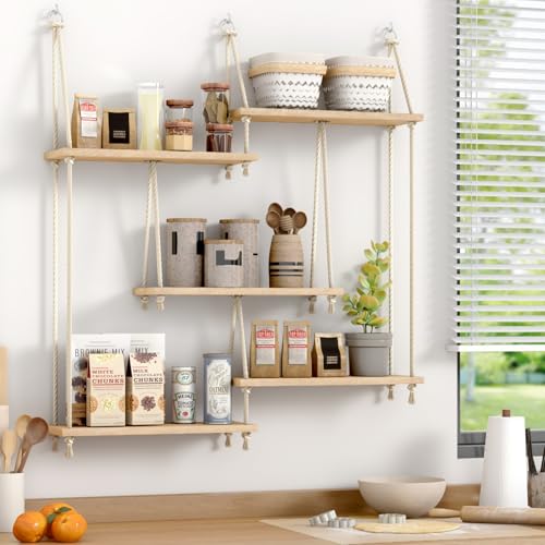 Hanging Shelf with Vine Lights 5 Tier Boho Plant Wall Shelf Floating Shelves Rope Rustic Wood Organizer Storage Hanger Rack for Wall Decor in Aesthetic Home Bedroom Kitchen (Five-tier rope rack) Hanging Shelf with Vine Lights 5 Tier Boho Plant Wall Shelf Floating Shelves Rope Rustic Wood Organizer Storage Hanger Rack for Wall Decor in Aesthetic Home Bedroom Kitchen (Five-tier rope rack)