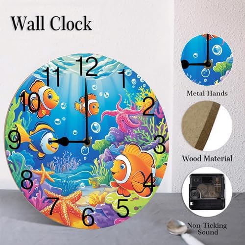 Underwater Life Fish Algae Coral Reef Shark Starfish Round Wood Wall Clock, 10 Inch Battery Operated Analog Quiet Desk Clock for Home,Kitchen,Office,School,Bathroom